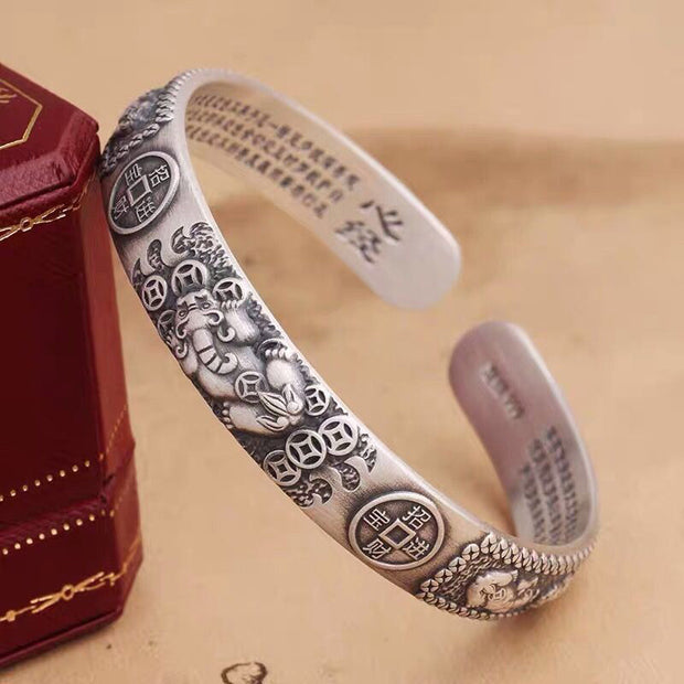 Buddha Stones Tibetan PiXiu Heart Sutra Coin White Copper Wealth Bracelet Adjustable Bangle Bracelet BS 1