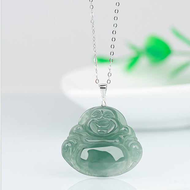 Buddha Stones 925 Sterling Silver Laughing Buddha Jade Protection Calm Necklace Chain Pendant Necklaces & Pendants BS 4