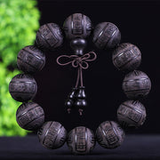 Buddha Stones Chinese Zodiac Rosewood Ebony Boxwood Copper Coin PiXiu Carved Warmth Bracelet Bracelet BS African Blackwood Twelve Blessings