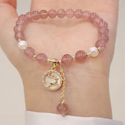 Buddha Stones Strawberry Quartz Pearl Elk Smiley Face Fishtail Fu Character Charm Healing Bracelet Bracelet BS 1
