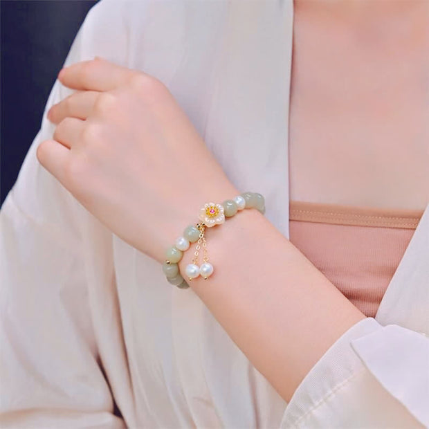 Buddha Stones Hetian Jade Flower Pearl Happiness Abundance Bracelet Bracelet BS 2