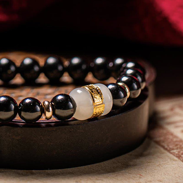 Buddha Stones Black Obsidian Jade Om Mani Padme Hum Strength Couple Magnetic Bracelet Bracelet BS 12