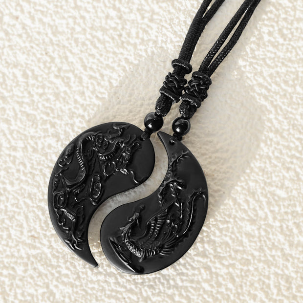Buddha Stones Black Obsidian Yin Yang Dragon Phoenix Luck Necklace Pendant Necklaces & Pendants BS 5