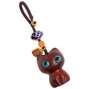 Buddha Stones Small Leaf Red Sandalwood Ebony Wood Lucky Cat Protection Key Chain Phone Hanging Decoration Key Chain BS 5