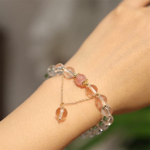 Buddha Stones Natural Silver Sheen Obsidian Pink Crystal White Crystal Protection Yin Yang Color Couple Bracelet