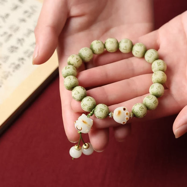 Buddha Stones Green Bodhi Seed Cat Paw Om Mani Padme Hum Engraved Wisdom Bracelet