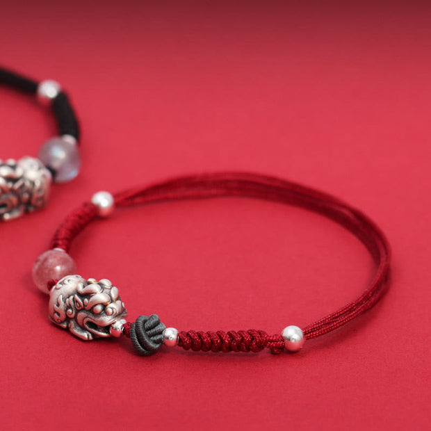 Buddha Stones 999 Sterling Silver PiXiu Strawberry Quartz Bead Wealth Luck Braided Bracelet