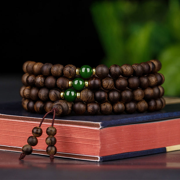 Buddha Stones 108 Mala Beads Indonesia Tarakan Rare Agarwood Cyan Jade Ward Off Evil Spirits Bracelet Bracelet Mala BS 7