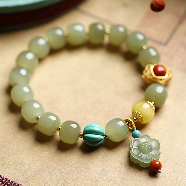 Buddha Stones Jade Amber Lotus Bead Luck Bracelet – buddhastoneshop