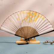 Buddha Stones Crane Peach Blossoms Persimmon Orchid Butterfly Bamboo Handheld Silk Bamboo Folding Fan 21cm