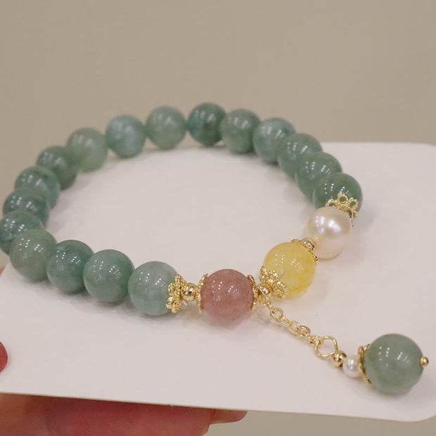 Buddha Stones Jade Pearl Strawberry Quartz Abundance Luck Bead Charm Bracelet