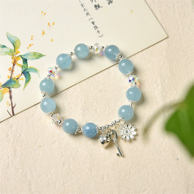 Buddha Stones 925 Sterling Silver Natural Aquamarine Serenity Flower Love Key Charm Bracelet