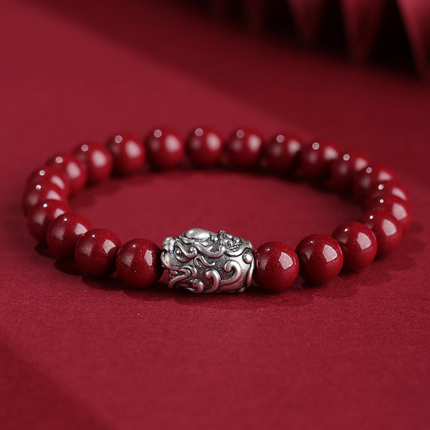 Buddha Stones 999 Sterling Silver PiXiu Natural Cinnabar Wealth Luck Bracelet