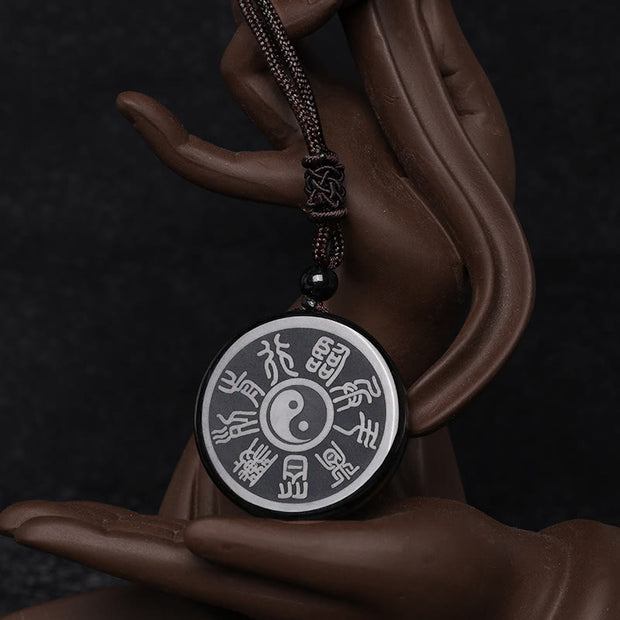 Buddha Stones Black Obsidian Taoism Five Sacred Mountains Nine-Character Mantra Carved Purification Yin Yang Necklace Pendant Necklaces & Pendants BS Taoist Nine-Character Mantra&Yin Yang