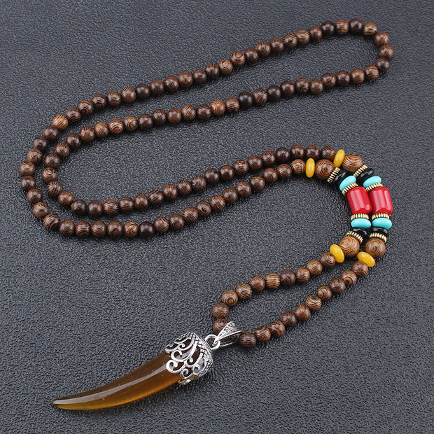 Buddha Stones Wenge Wood Turquoise Stone Horn Style Protection Meditation Necklace Pendant Necklaces & Pendants BS Brown