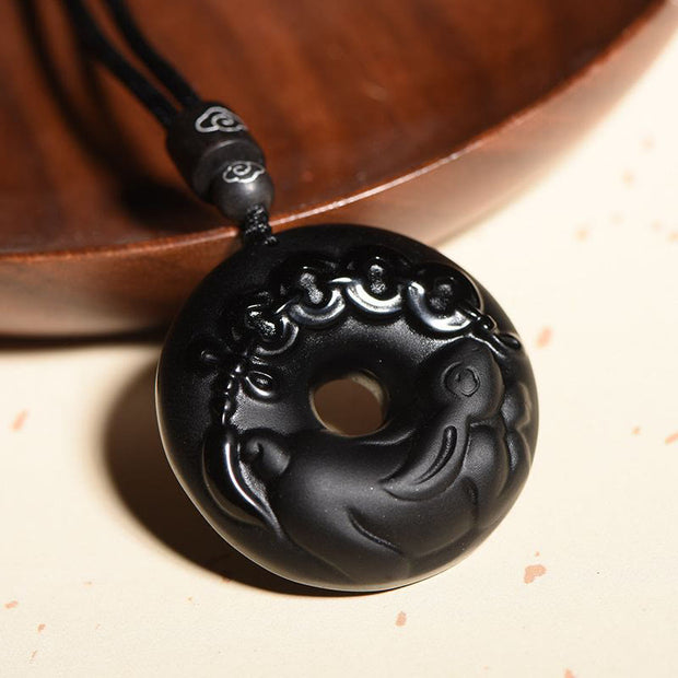 Buddha Stones Chinese Zodiac Natural Black Obsidian Peace Buckle Strength Necklace Pendant Necklaces & Pendants BS 2