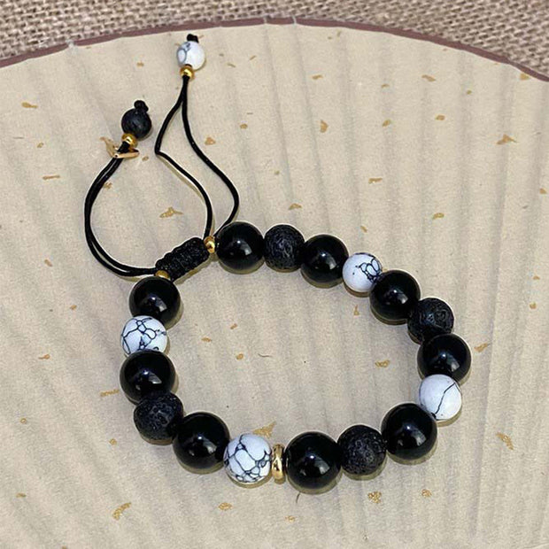 Buddha Stones Black Obsidian Lava Rock Stone Yin Yang Strength Bracelet Bracelet BS 9
