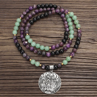 108 Mala Beads Amethyst Green Aventurine Lotus Meditation Bracelet (Extra 30% Off | USE CODE: FS30)