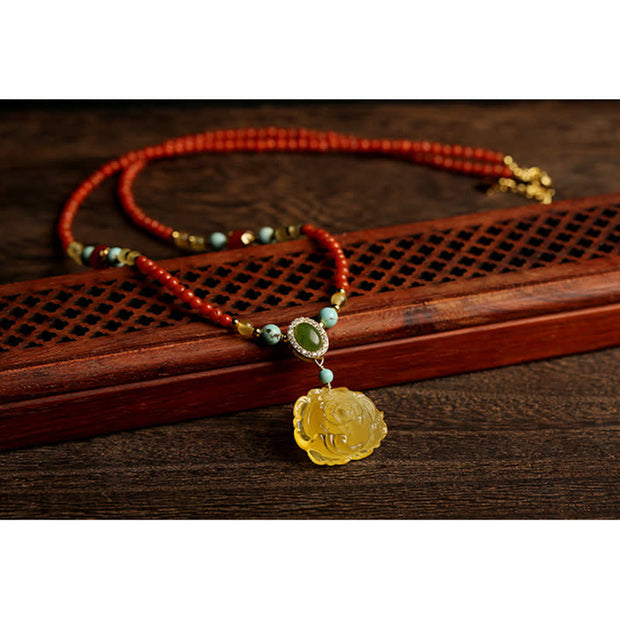 Buddha Stones 925 Sterling Silver Natural Red Agate Amber Peony Confidence Charm Necklace Pendant