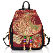 Buddha Stones Peacock Embroidery Canvas Tassel Backpack Backpack BS Wine Red Peacock