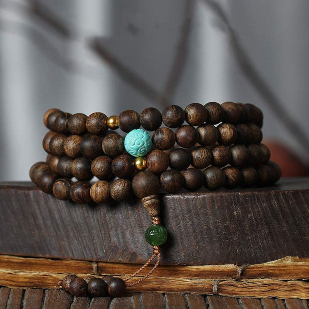 108 Mala Beads Nha Trang Agarwood Turquoise Prayer Meditation Bracelet Mala  – buddhastoneshop