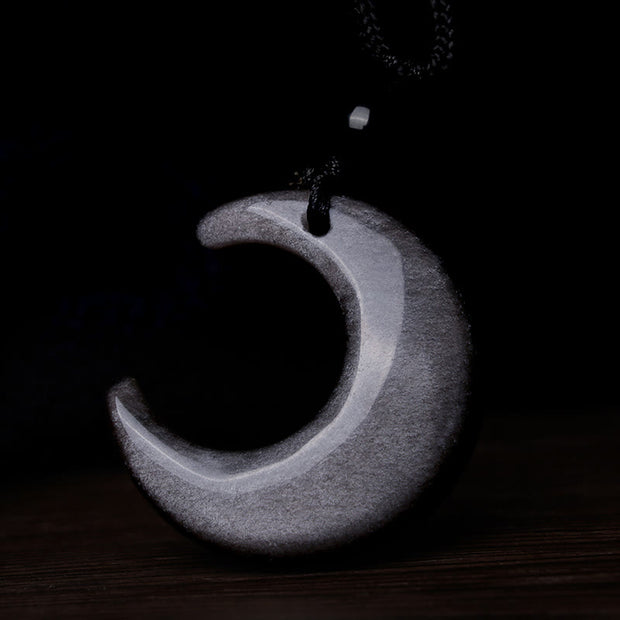 Buddha Stones Natural Silver Sheen Obsidian Selenite Crystal Crescent Moon Yin Yang Couple Protection Necklace Pendant Necklaces & Pendants BS 4