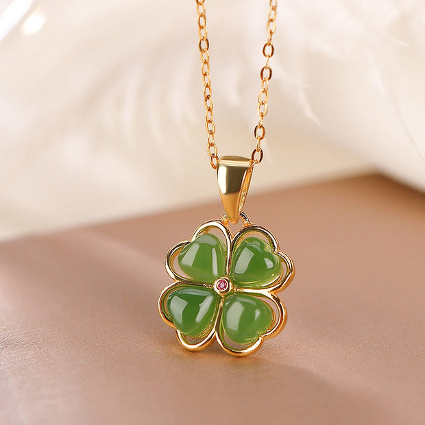 Buddha Stones 925 Sterling Silver Hetian Cyan Jade Lucky Four Leaf Clover Healing Necklace Pendant