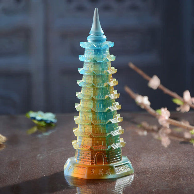 Buddha Stones Feng Shui Wenchang Tower Handmade Liuli Crystal Pagoda Art Piece Luck Home Office Decoration
