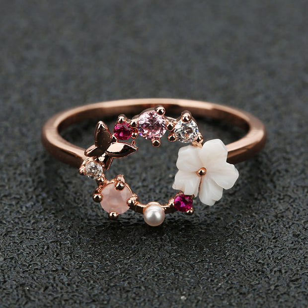 Buddha Stones Rose Gold Butterfly Flower Copper Wealth Ring