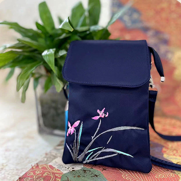 Buddha Stones Waterproof Handmade Embroidered Lotus Flowers Crossbody Bag Shoulder Bag Cellphone Bag Bag BS Blue  Flower Grass