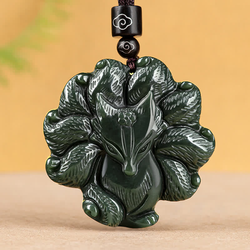 Buddha Stones Hetian Cyan Jade Nine Tailed Fox Luck Necklace