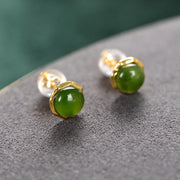 Buddha Stones 925 Sterling Silver Plated Gold Natural Hetian Cyan Jade Bead Luck Stud Earrings Earrings BS 1