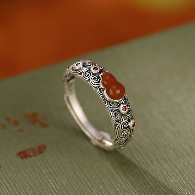 Buddha Stones 925 Sterling Silver Red Agate Cyan Jade Gourd Blessing Auspicious Ring Ring BS Red Agate(Confidence♥Calm)