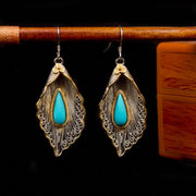 Buddha Stones 925 Sterling Silver Turquoise Bodhi Leaf Pattern Protection Drop Dangle Earrings Earrings BS 7