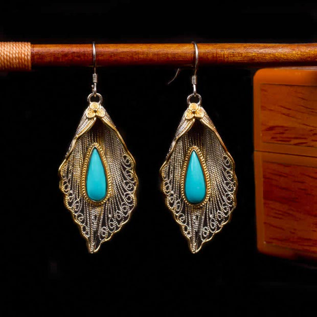 Buddha Stones 925 Sterling Silver Turquoise Bodhi Leaf Pattern Protection Drop Dangle Earrings Earrings BS 7
