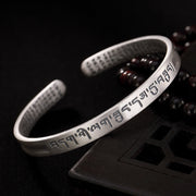 Buddha Stones 999 Sterling Silver Six True Words Heart Sutra Protection Bracelet Bangle