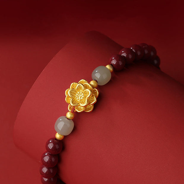 Buddha Stones 999 Sterling Silver Lotus Cinnabar Hetian Jade Blessing Bracelet Bracelet BS 5