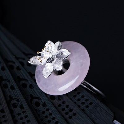 925 Sterling Silver Pink Crystal Aventurine Lotus Balance Ring Ring BS Pink Crystal
