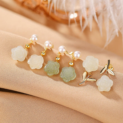Buddha Stones 925 Sterling Silver Plated Gold Jade Rose Flower Cyan Jade Pearl Luck Earrings Earrings BS main