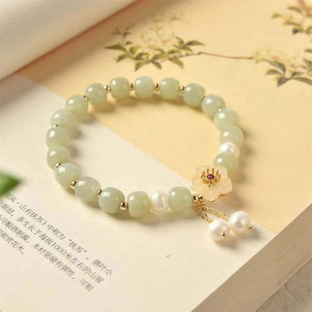 Buddha Stones Hetian Jade Flower Pearl Happiness Abundance Bracelet Bracelet BS 1