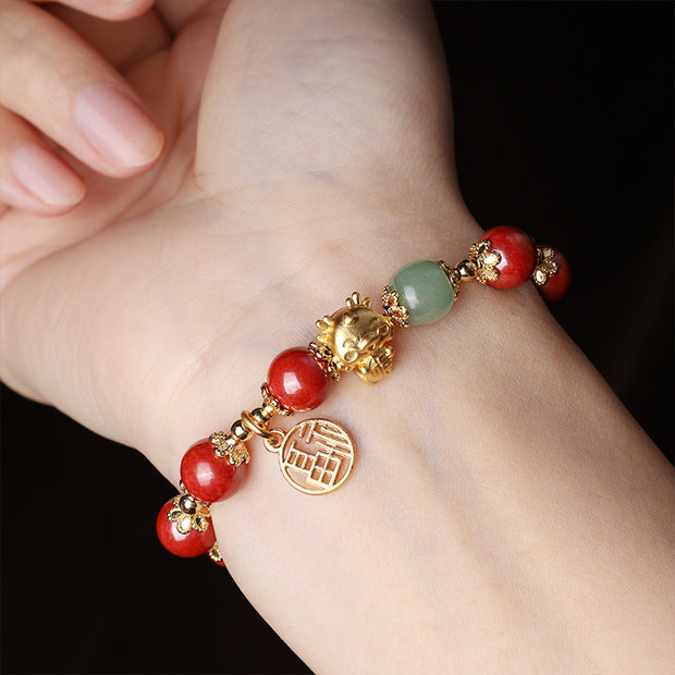 Buddha Stones Year of the Dragon Natural Cinnabar Fu Character Charm Blessing Bracelet Bracelet BS 3