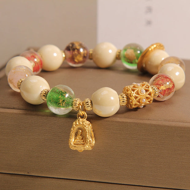 Buddha Stones Tibetan Multicolored Liuli Glass Bead Buddha Lotus Charm Enlightenment Bracelet Bracelet BS 4