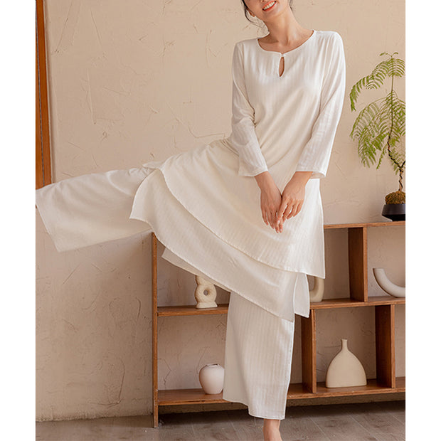 Buddha Stones 2Pcs Simple Design Tai Chi Meditation Yoga Clothing Top Pants Women's Set Clothes BS 9