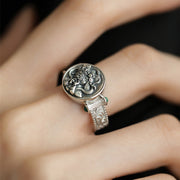 Buddha Stones 925 Sterling Silver Tang Dynasty Flower Design Carved Zakiram Goddess of Wealth Luck Ring