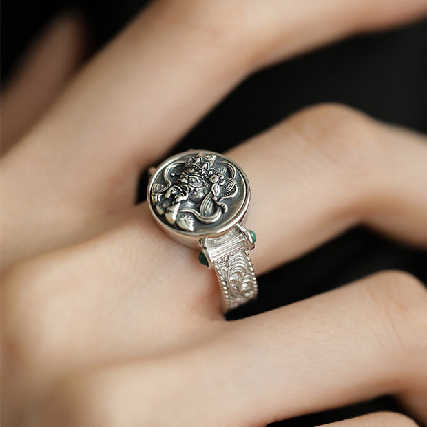 Buddha Stones 925 Sterling Silver Tang Dynasty Flower Design Carved Zakiram Goddess of Wealth Luck Ring Ring BS 7