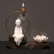 Buddha Stones Ceramic Lotus Healing Meditation Incense Burner Decoration Decorations Incense Burner BS White Little Monk