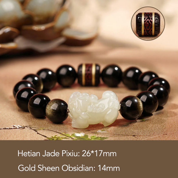 Buddha Stones Natural Gold Sheen Obsidian Hetian Cyan Jade White Jade PiXiu Wealth Bracelet Bracelet BS Gold Sheen Obsidian White Jade Pixiu 14mm(Men)