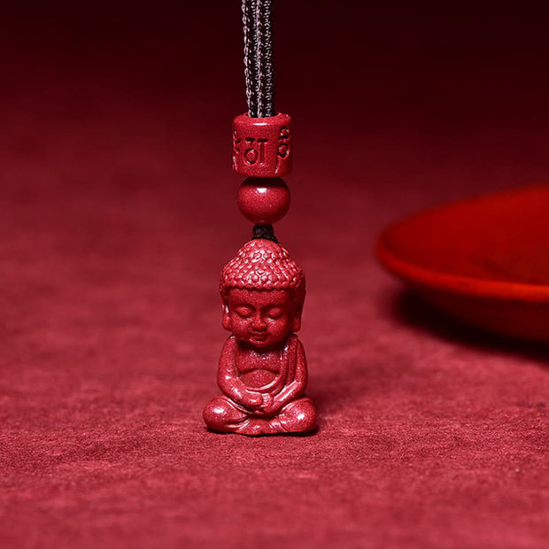 Buddha Stones Natural Cinnabar Buddha Pattern Om Mani Padme Hum Blessing String Necklace Pendant Necklaces & Pendants BS High Content 95% Cinnabar