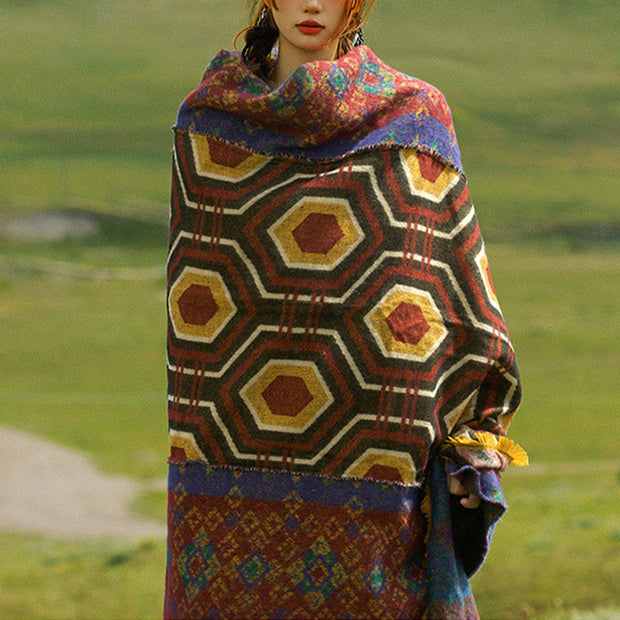 Buddha Stones Tibetan Shawl Brown Blue Red Geometric Shapes Pattern Winter Cozy Travel Scarf Wrap