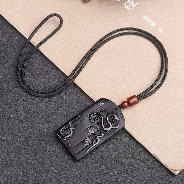 Buddha Stones Black Obsidian Dragon Phoenix Success Necklace Pendant Necklaces & Pendants BS 4